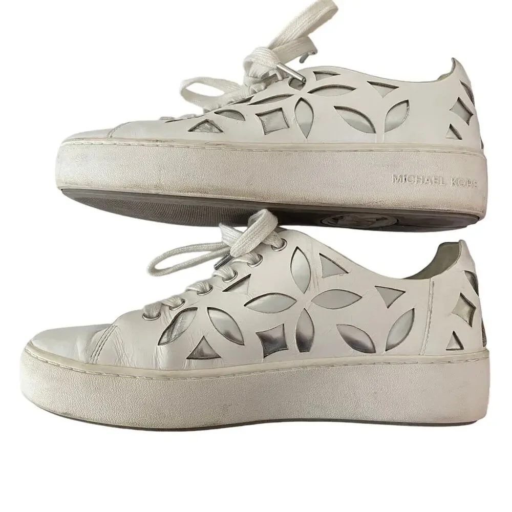 Michael Kors White Leather Platform Mimi Sneakers Size 8 Floral Casual Metallic